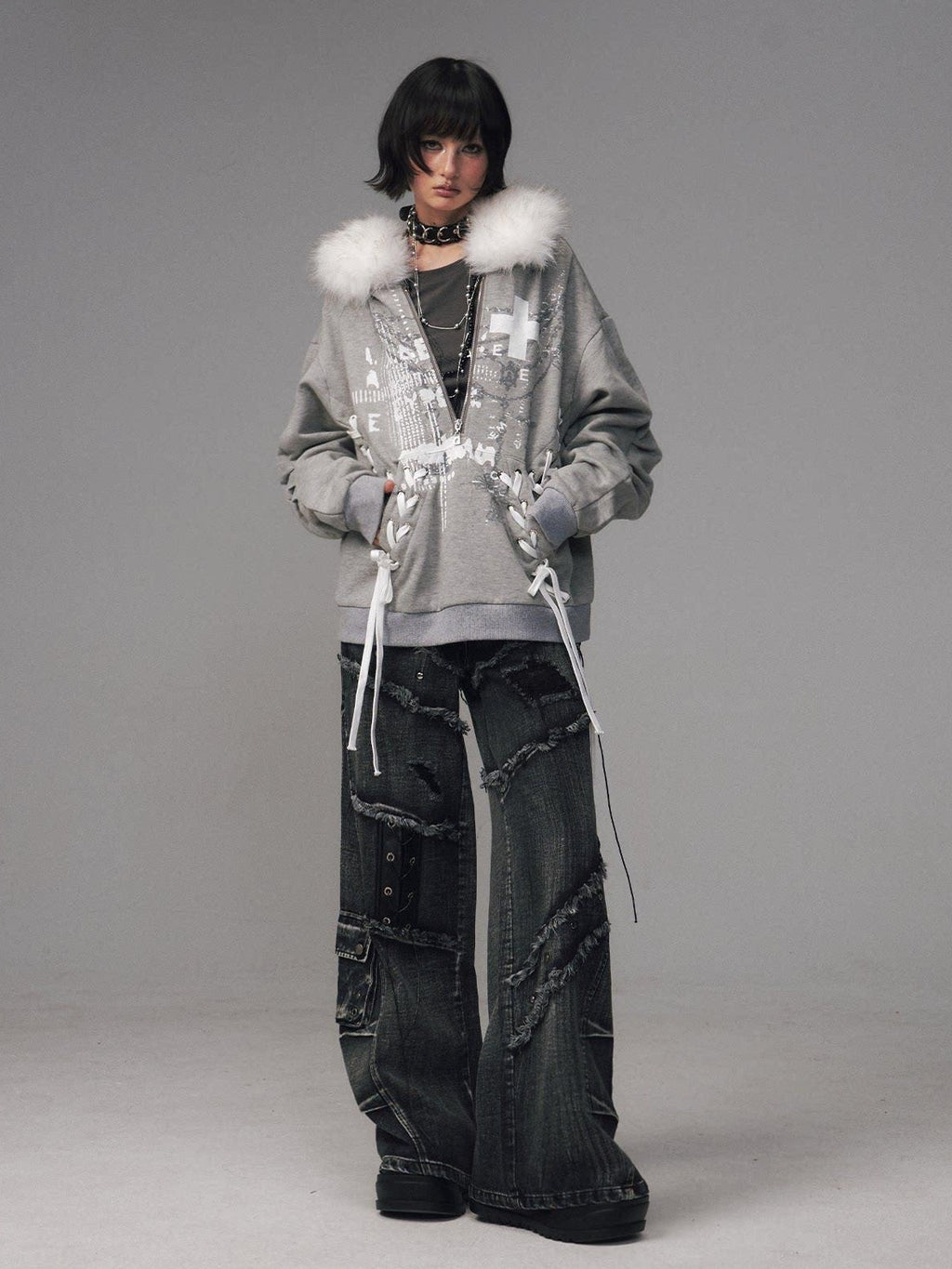 Frustration Garden Original Design Loose Fit Printed Fur Collar Zip Hooded Warm Gray Women Hoodies