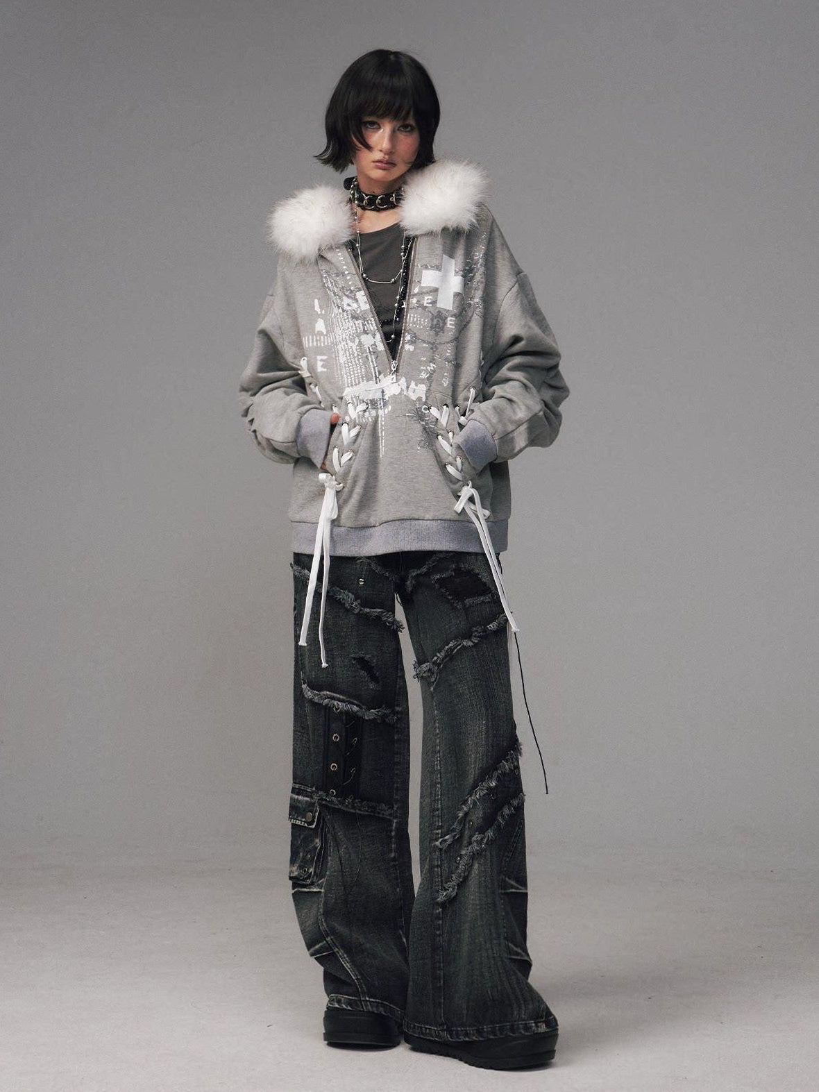 Frustration Garden Original Design Loose Fit Printed Fur Collar Zip Hooded Warm Gray Women Hoodies