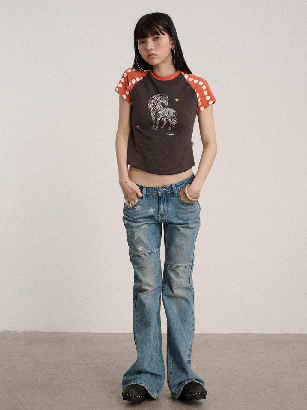 Achihara Polka Dot Contrast Panel Rhinestone Women'S Cotton Blend Short Sleeve T-Shirts