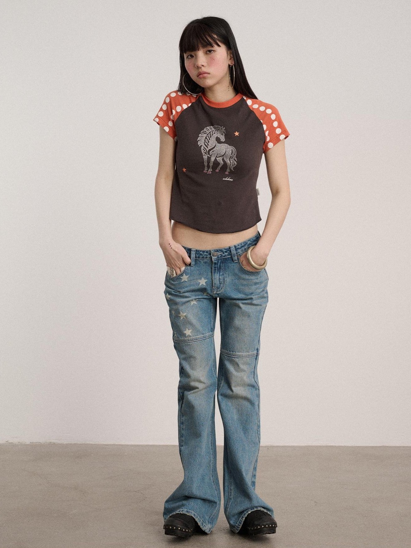 Achihara Polka Dot Contrast Panel Rhinestone Women'S Cotton Blend Short Sleeve T-Shirts