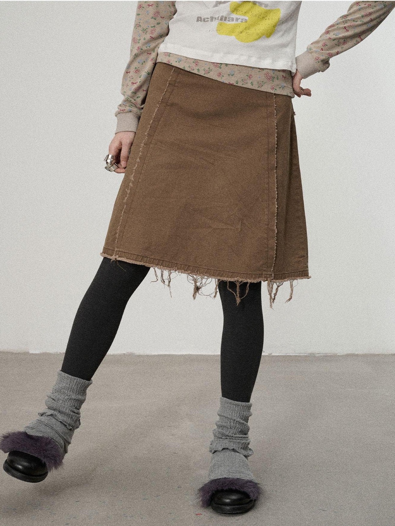Achihara Coffee Brown Pleated A Line Low Waist Women'S Cotton Blend Midi Skirts