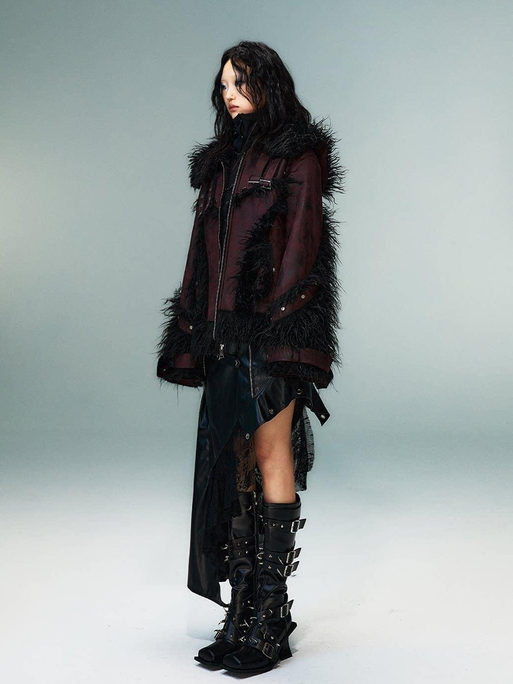 Frustration Garden Warm Oversized Original Zip Patchwork Faux Fur Studs Women Casual Jackets