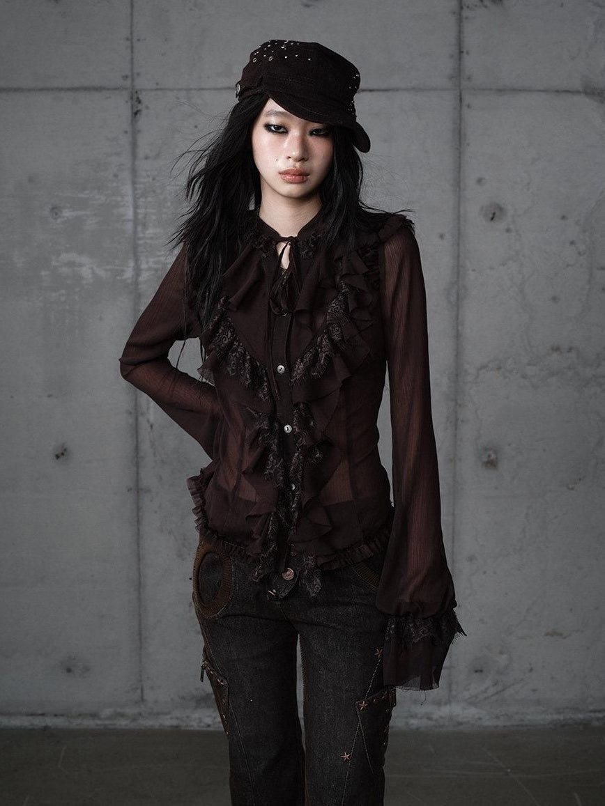 NO ROMANCE Slimming Vintage Slim Fit Ruffle Stand Collar Chiffon Long Sleeve Women Blouses