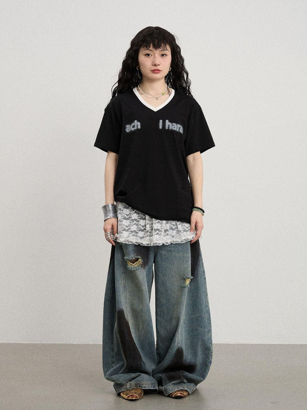 Achihara Ice Block V-neck Loose Letter Print Women'S Lyocell Short Sleeve T-Shirts