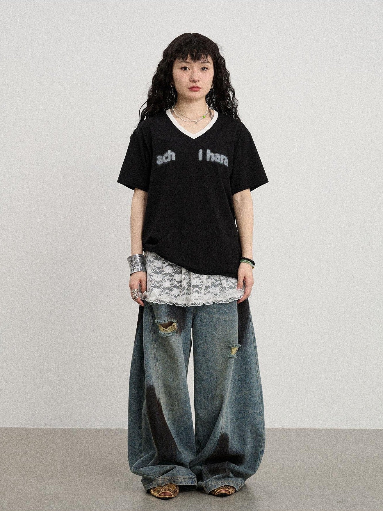 Achihara Ice Block V-neck Loose Letter Print Women'S Lyocell Short Sleeve T-Shirts