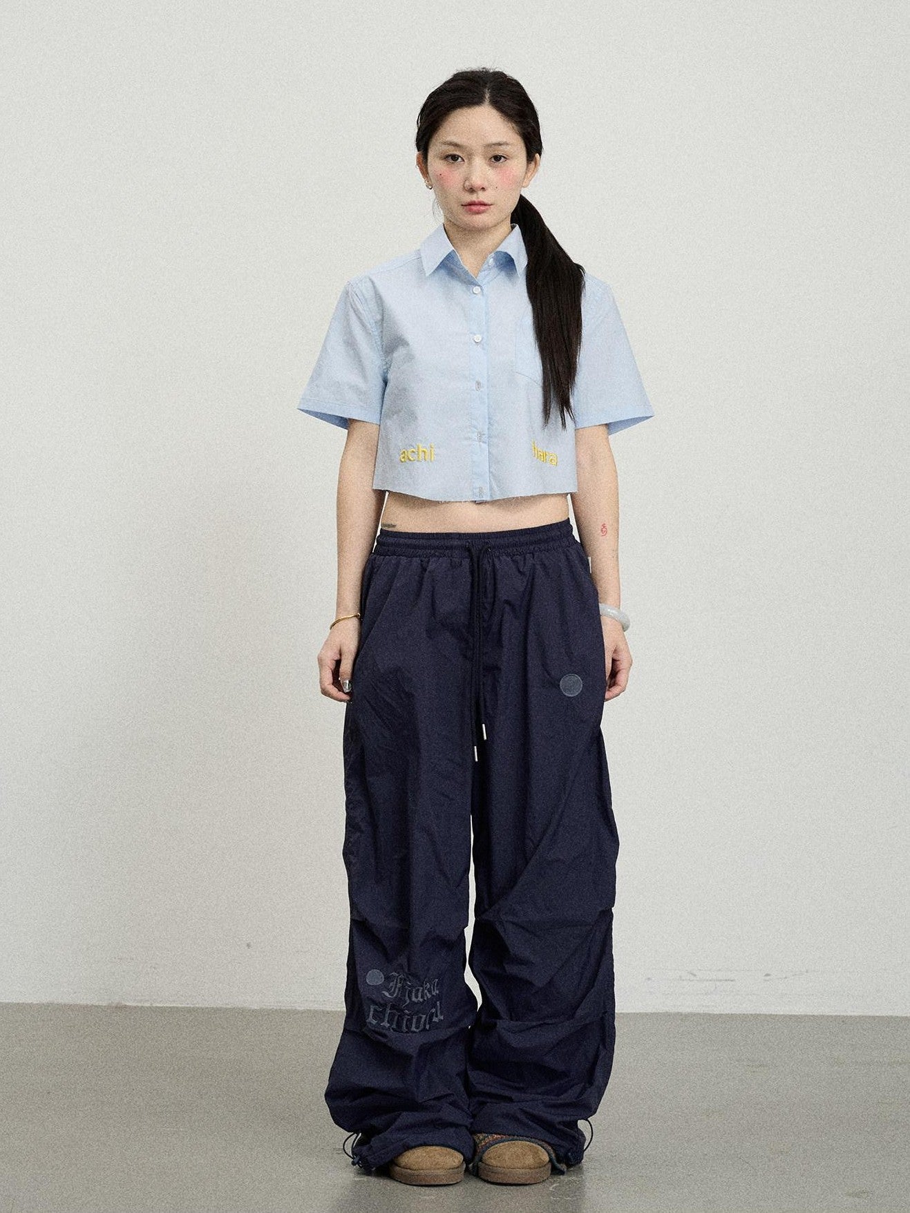 Achihara Soda Blue Office Collared Short Sleeve Women'S 100 Percent Cotton Crop Tops