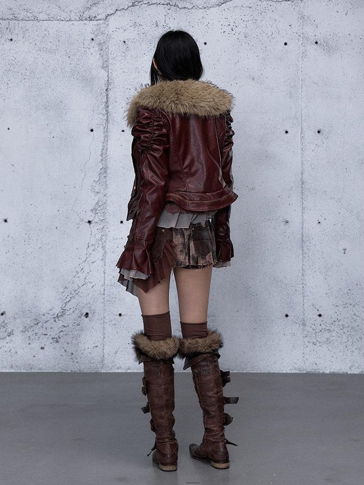 NO ROMANCE Removable Punk Style Regular Fit Women Burgundy Button Front Casual Jackets
