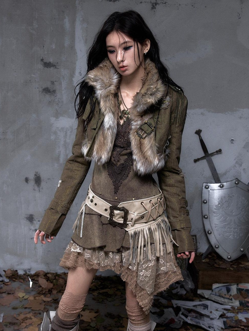 NO ROMANCE Distressed Vintage Slim Fit Cropped Long Sleeve Women Gold Khaki Casual Jackets
