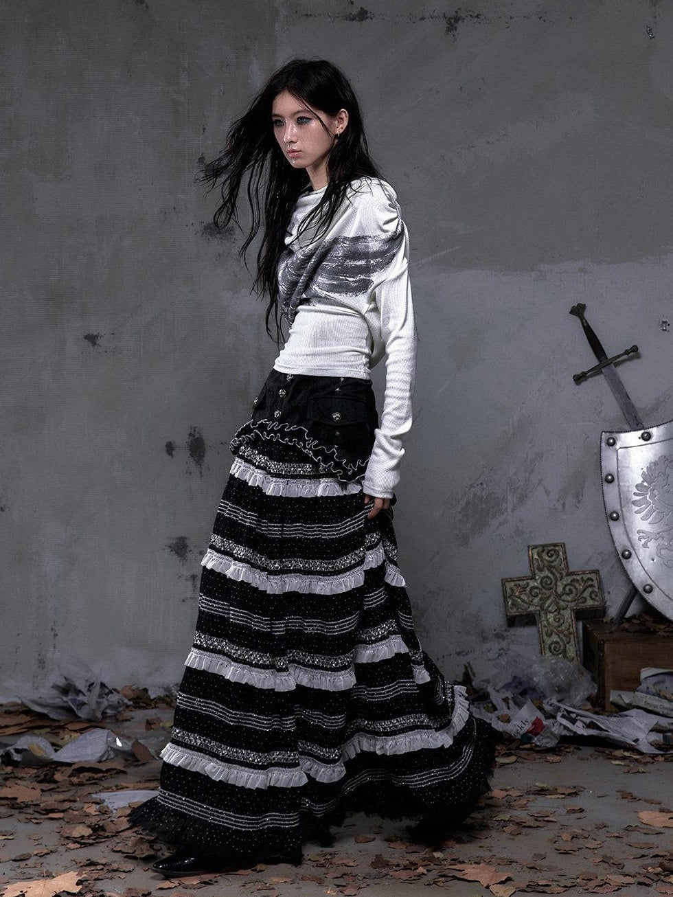 NO ROMANCE High Waist Victorian Lace Patchwork Pu Panel A Line Women Black Maxi Skirts