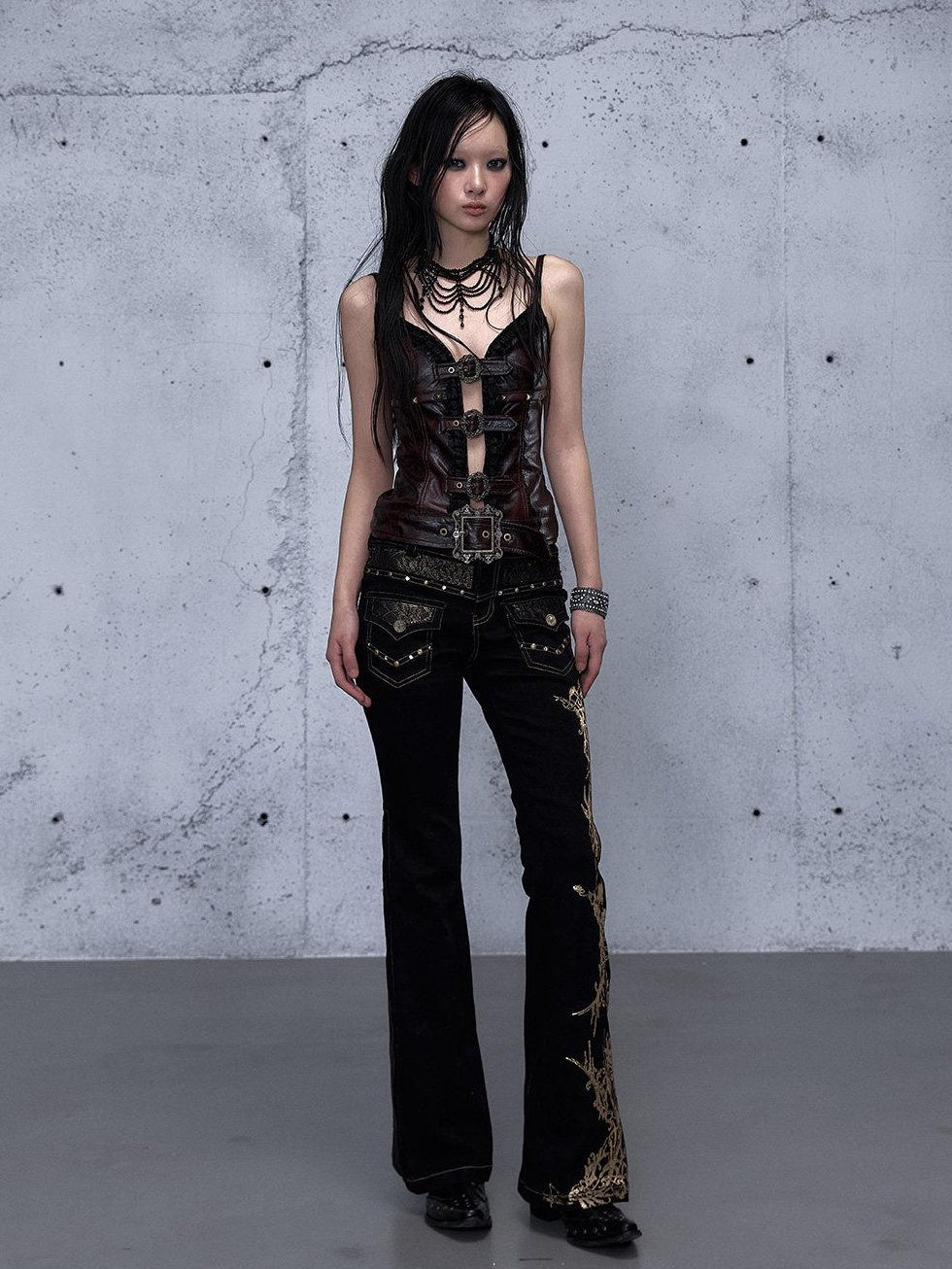 NO ROMANCE Rhinestone Low Rise Slim Fit Modern Patchwork Floral Mid Stretch Flare Jeans