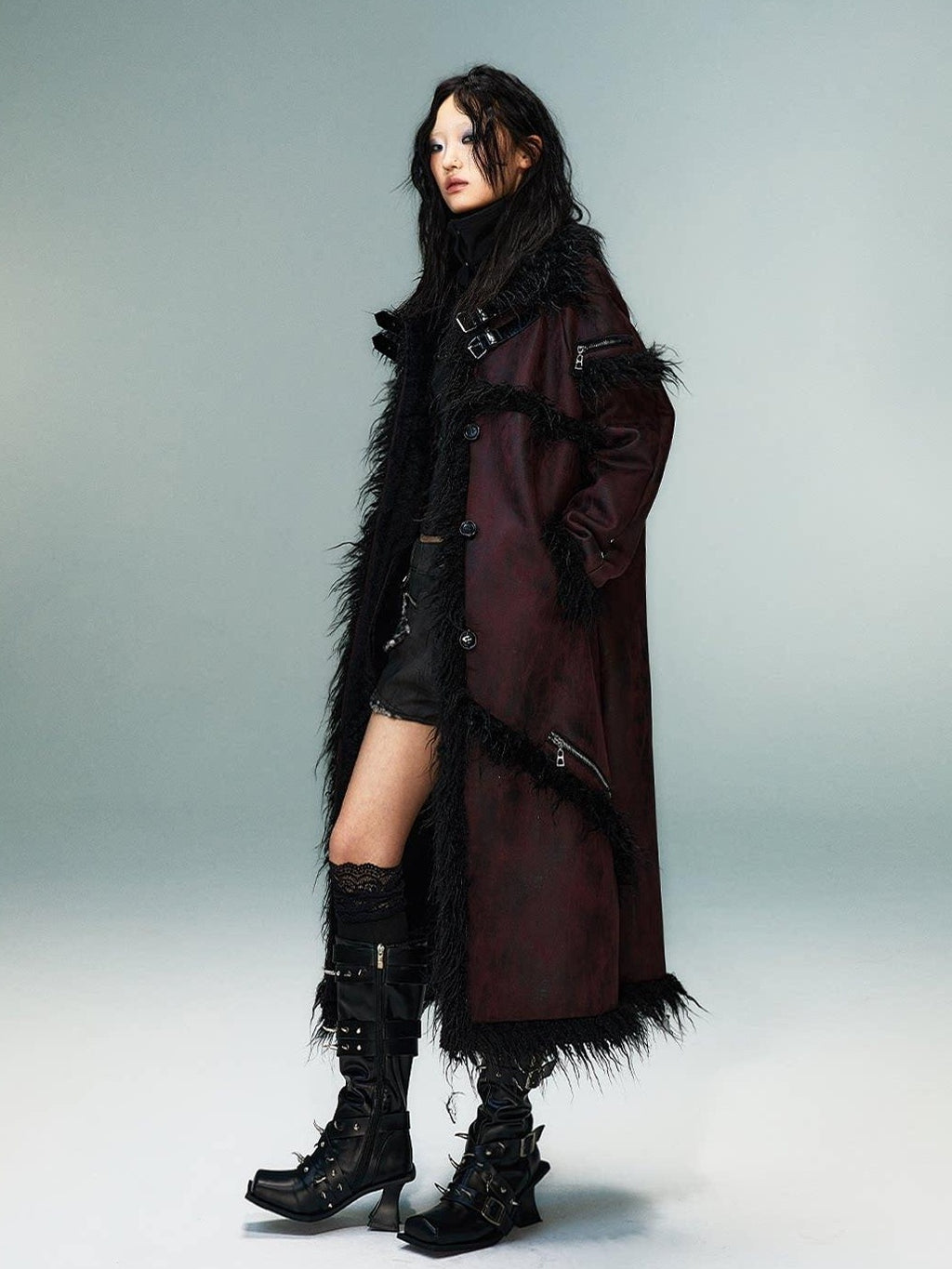 Frustration Garden Thick Oversized Asymmetric Raglan Sleeves Punk Street Women Black Red Long Coats