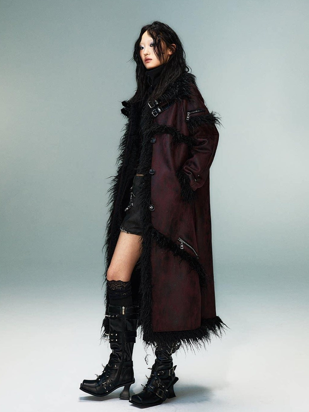 Frustration Garden Thick Oversized Asymmetric Raglan Sleeves Punk Street Women Black Red Long Coats