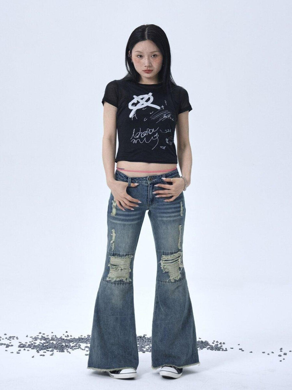 Achihara Vintage Washed Distressed Ripped Low Rise Women'S Denim Flare Jeans