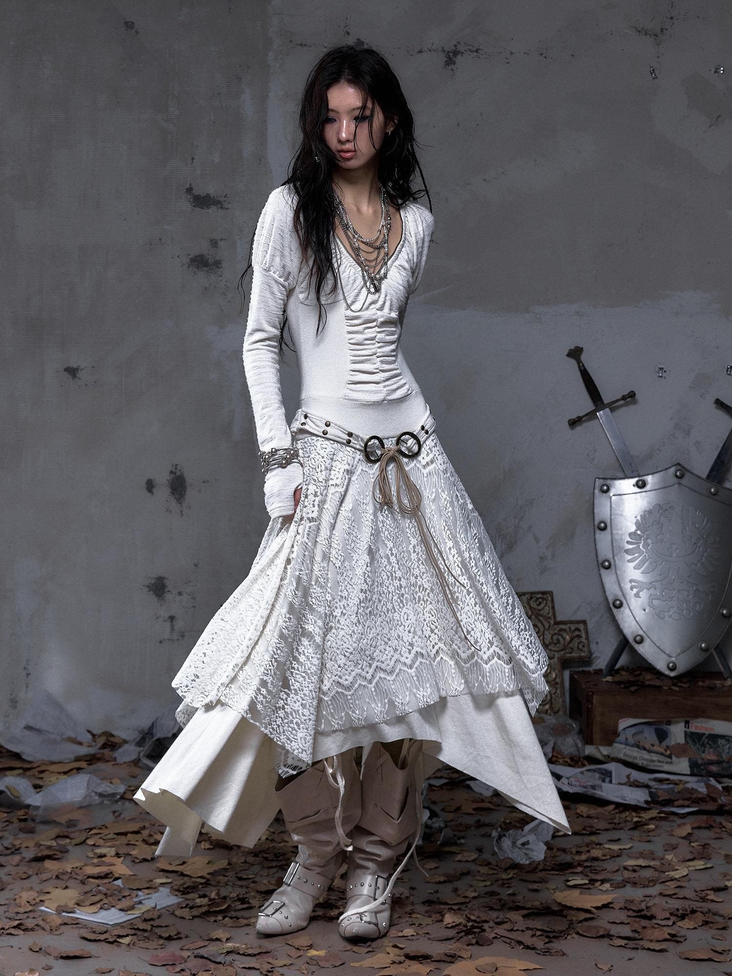 NO ROMANCE Regal V-neck Knit Puff Sleeve Asymmetric Hem Women City Walk Casual Midi Dresses