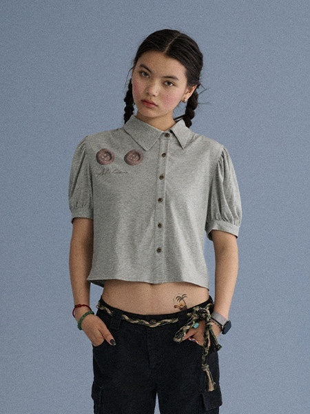 Achihara_Blue_Grey_Buttoned_Printed_Collared_Women'S_Cotton_Short_Sleeve_T-Shirts_MISSTT