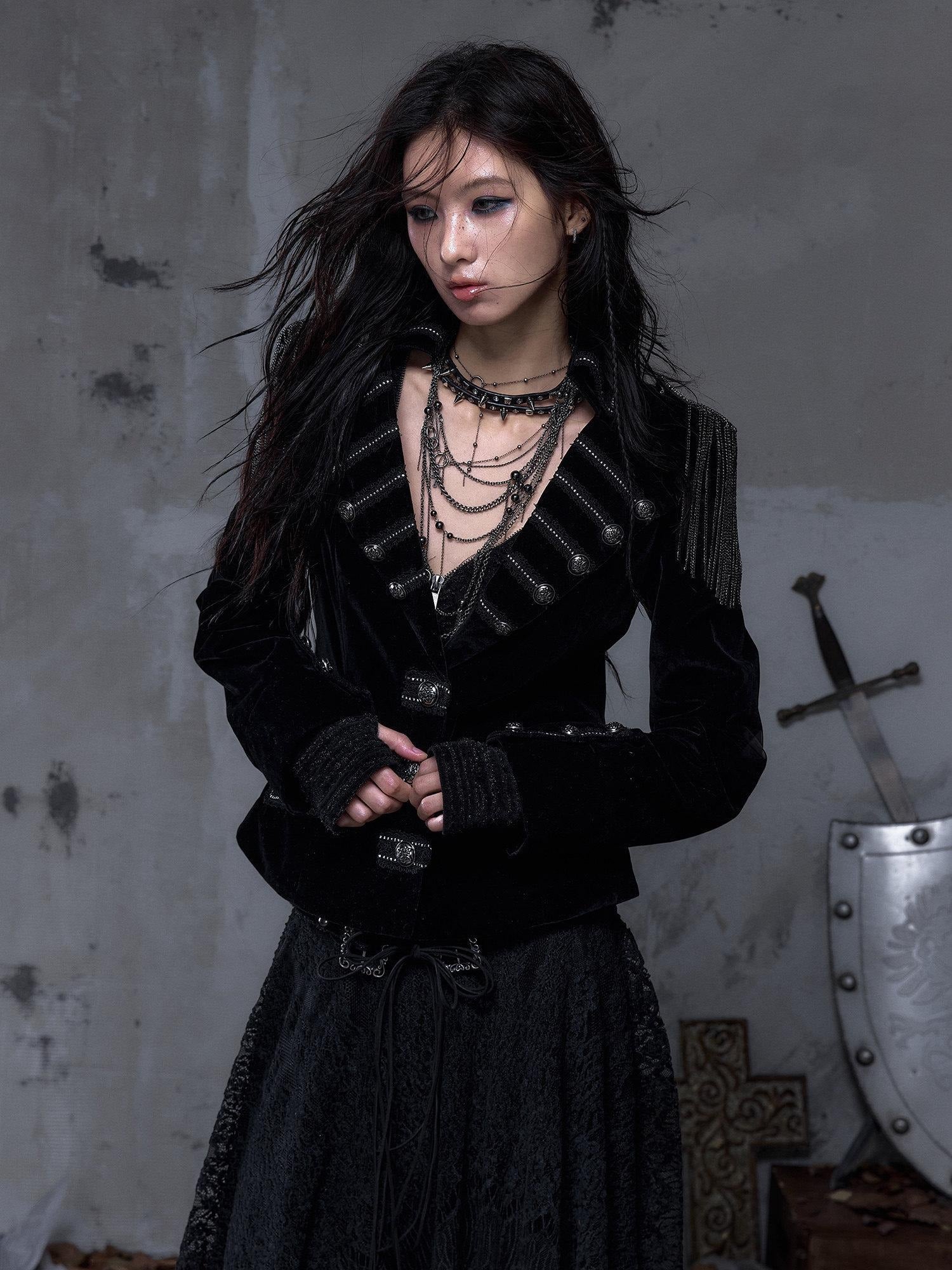 NO ROMANCE Light Fleece Lined Fitted Waist Button Long Sleeve Black Cropped Jackets