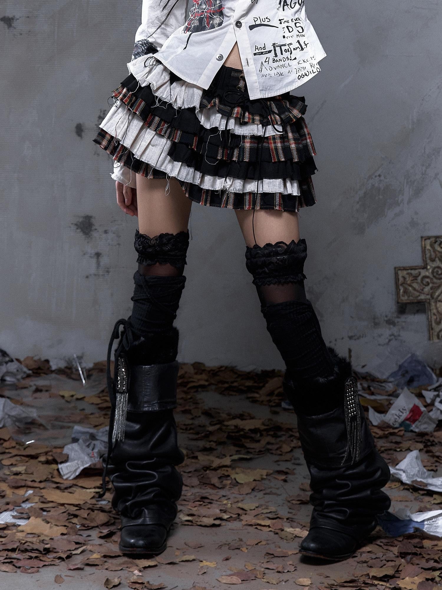 NO ROMANCE Layered Low Waist Punk Cake Skirt Loose Linen Cotton Youth Citywalk Mini Skirts