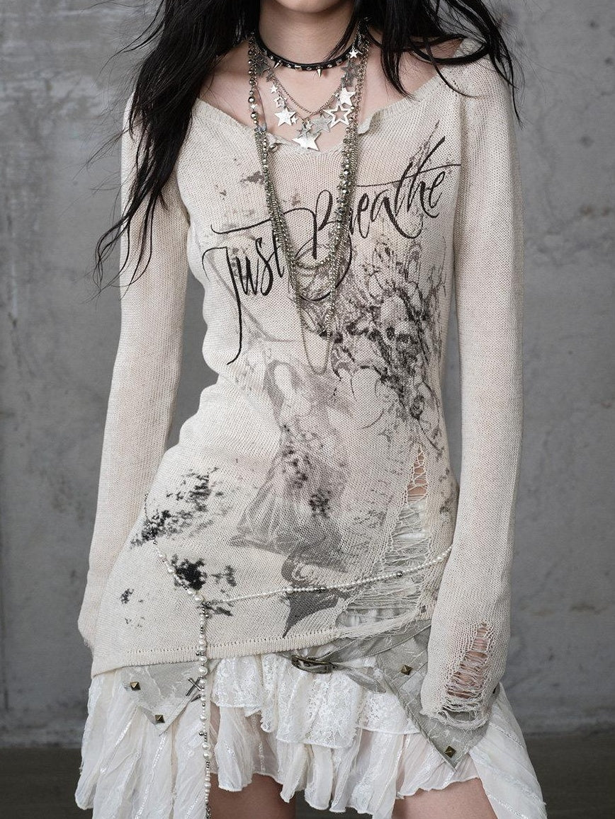 NO ROMANCE Soft Slim Punk V-neck Reversible Distressed Polyester Women Long Sleeve T-Shirts