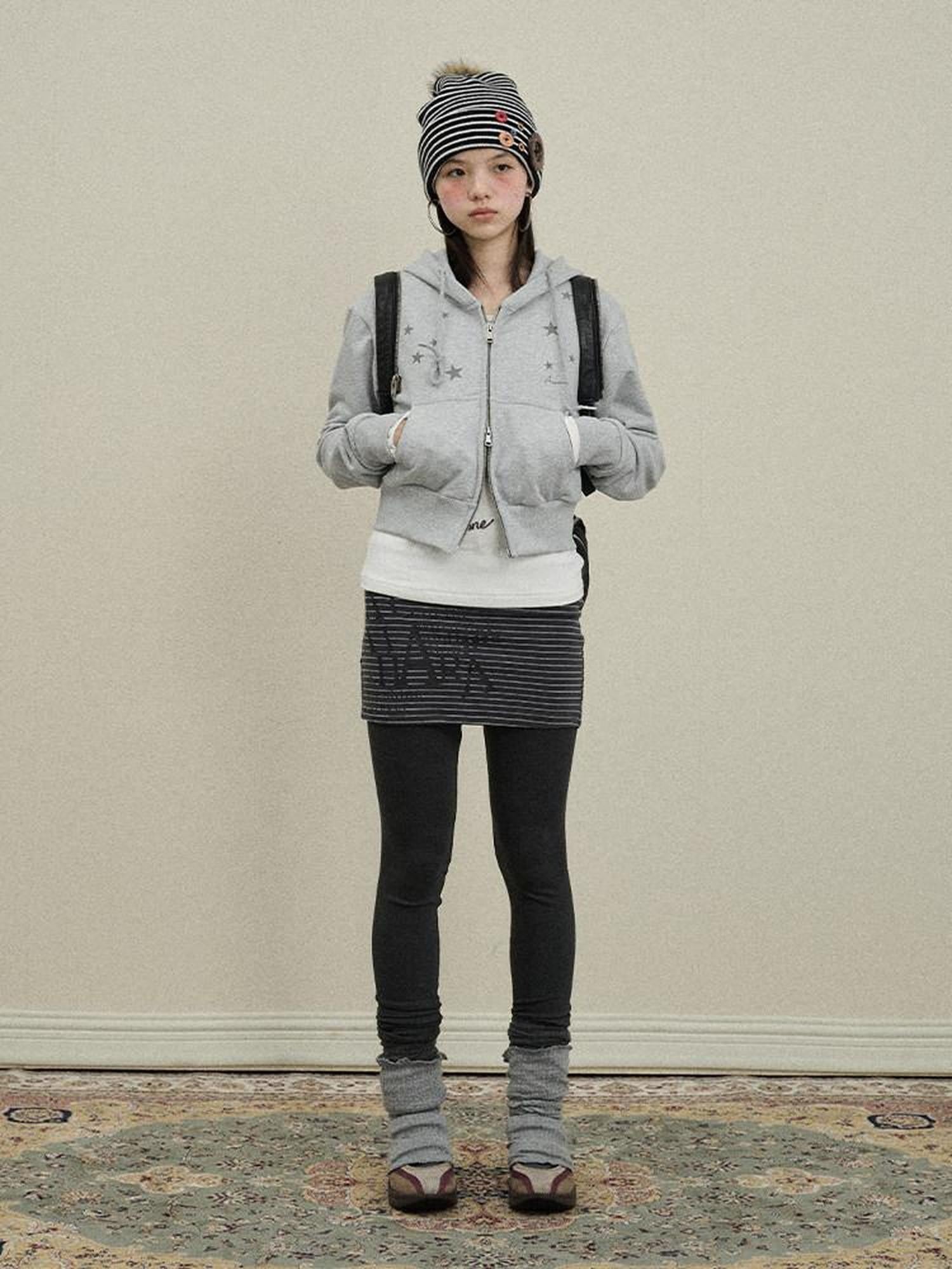 Achihara Star Print Cropped Zip Hooded Slim Fit Long Sleeve Women'S Cotton Hoodies