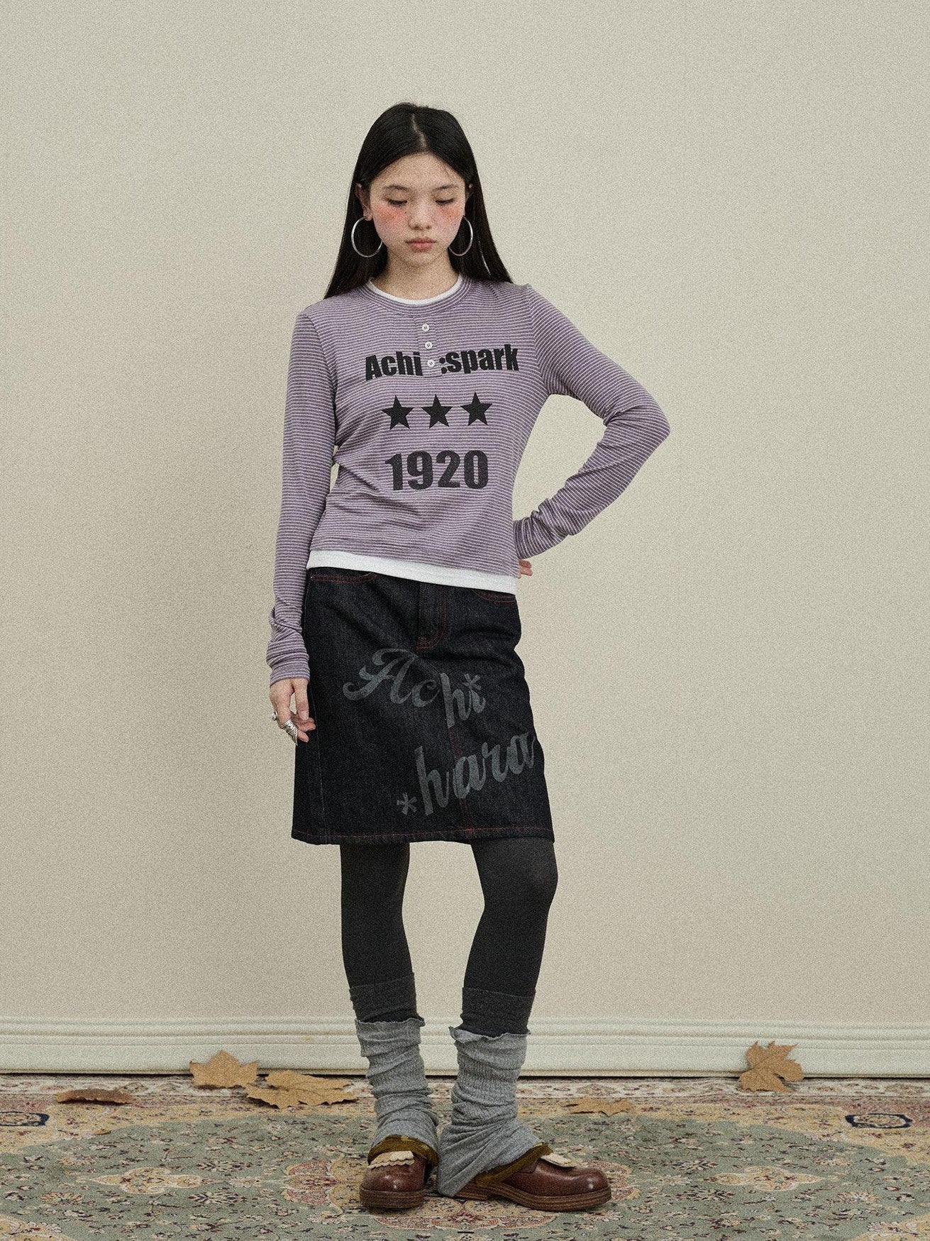 Achihara Denim Printed Embroidered Straight Women'S Cotton Midi Skirts