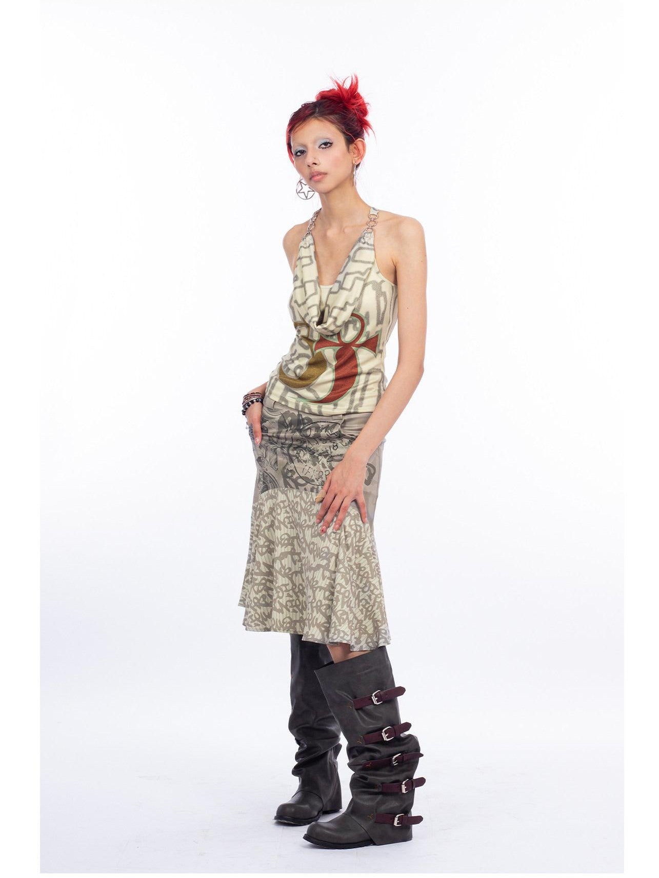 4RE1GN Alloy Buckle Letter Print Draped Neck Original Women's Polyester Tank Tops