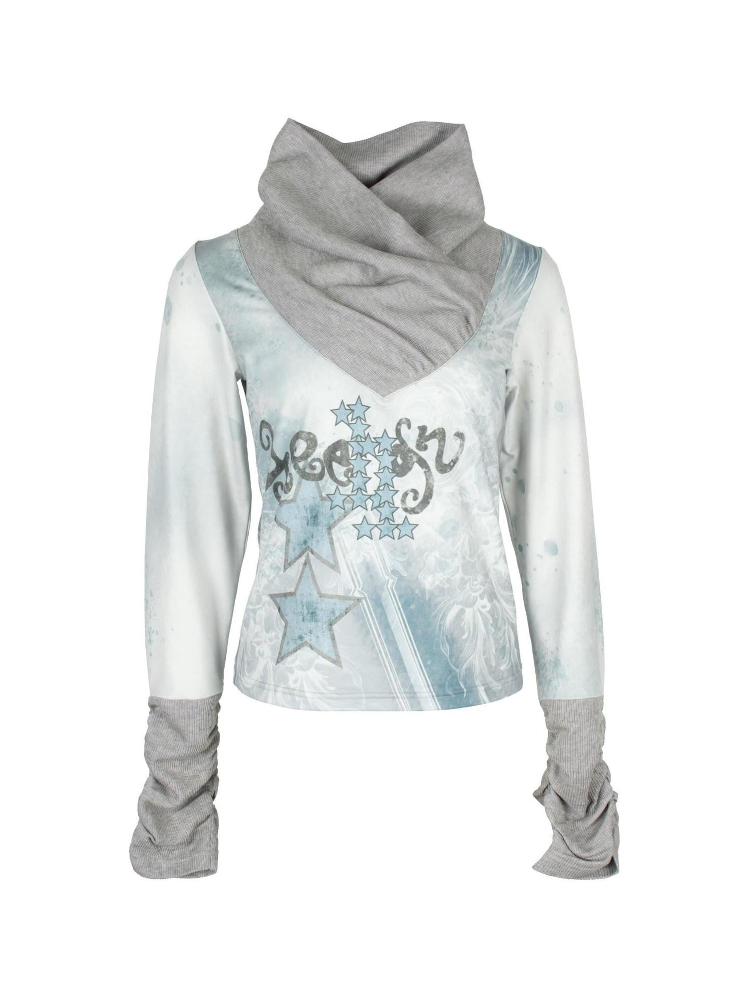 4RE1GN Badge Star Print Contrast Ruched Neck Women's Polyester Long Sleeve T-shirts