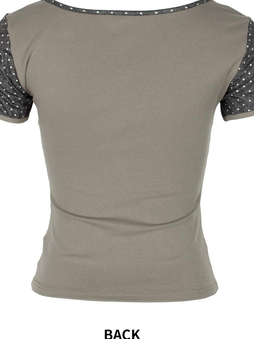 4RE1GN Bow Tie Collar Leopard Polka Dot Print Patchwork Women's Short Sleeve T-shirts