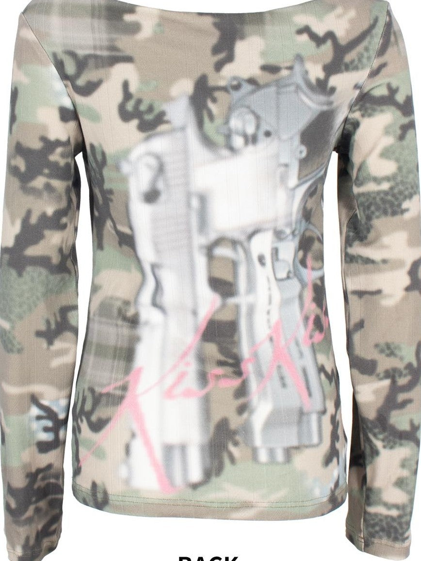 4RE1GN Camo Print Drape Neck Reversible Cotton Women's Long Sleeve T-shirts