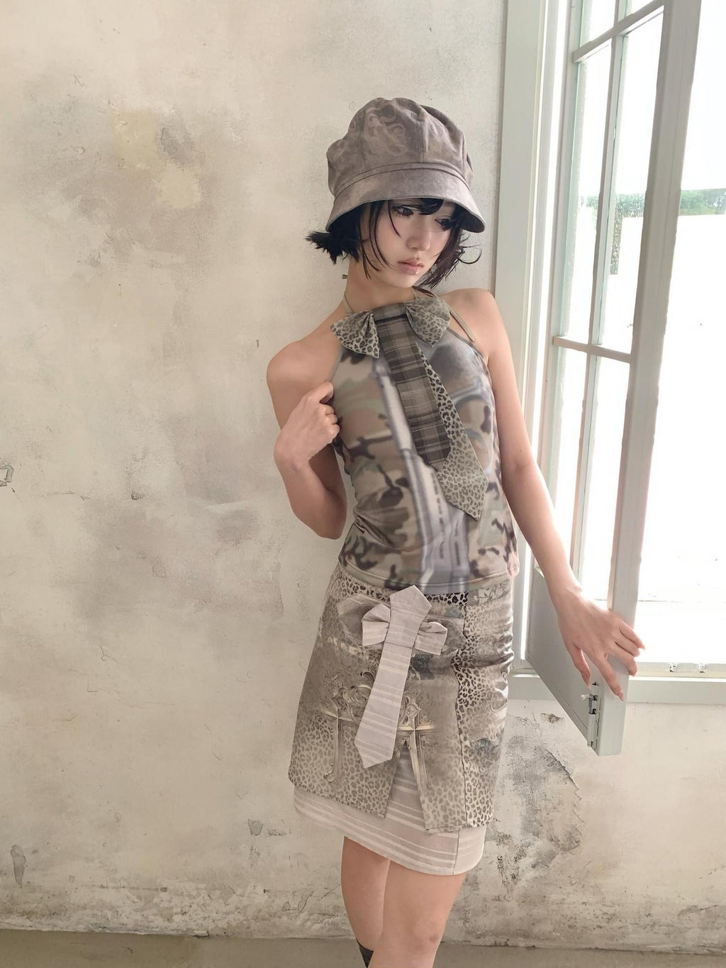 4RE1GN Camouflage Tie Neck Bow Waist Cinched Women's Polyester Spandex Halter Tops