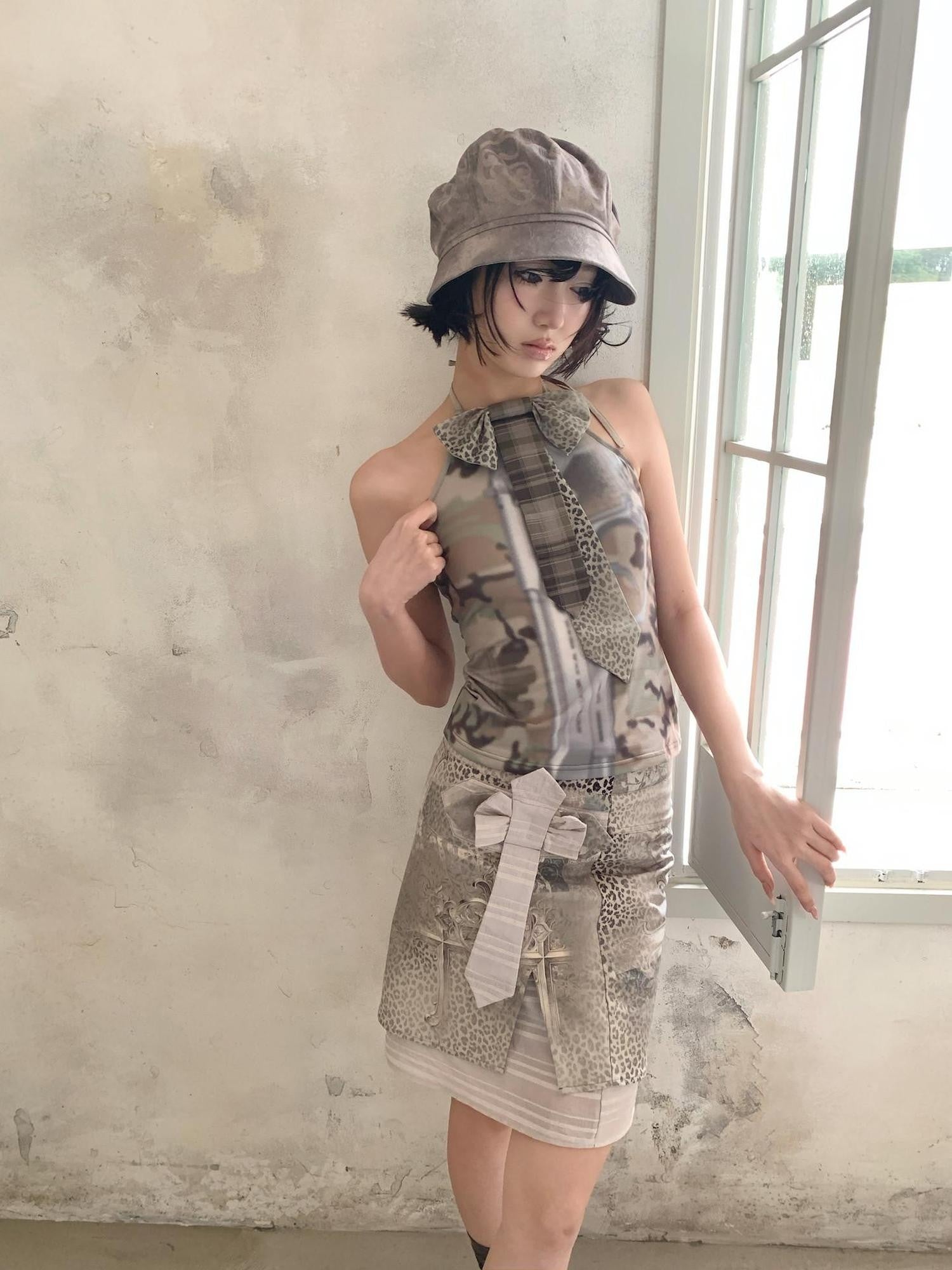 4RE1GN Camouflage Tie Neck Bow Waist Cinched Women's Polyester Spandex Halter Tops