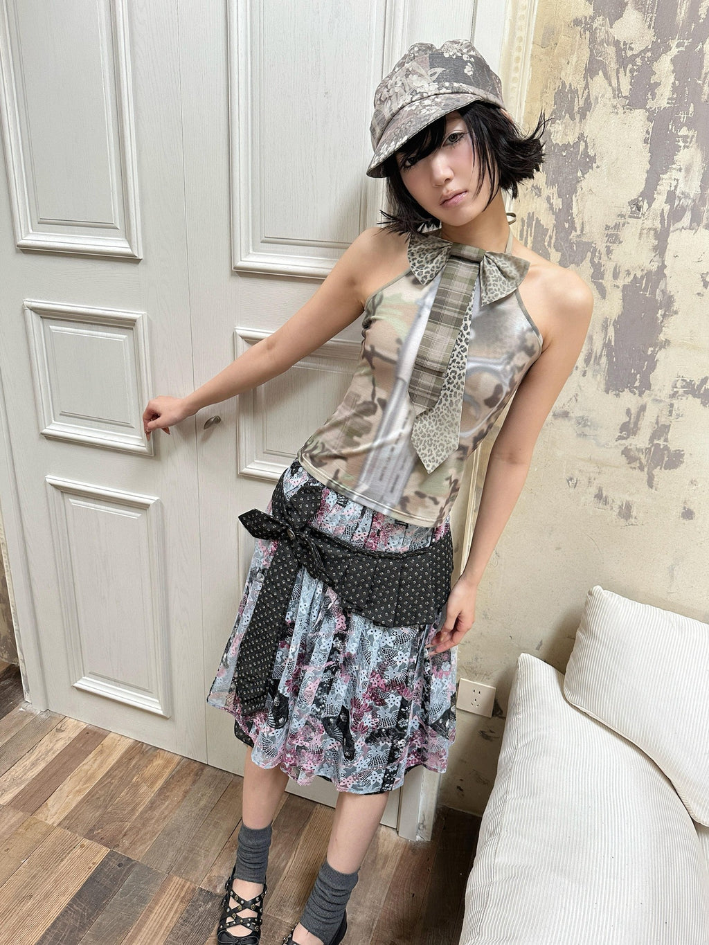 4RE1GN Camouflage Tie Neck Bow Waist Cinched Women's Polyester Spandex Halter Tops