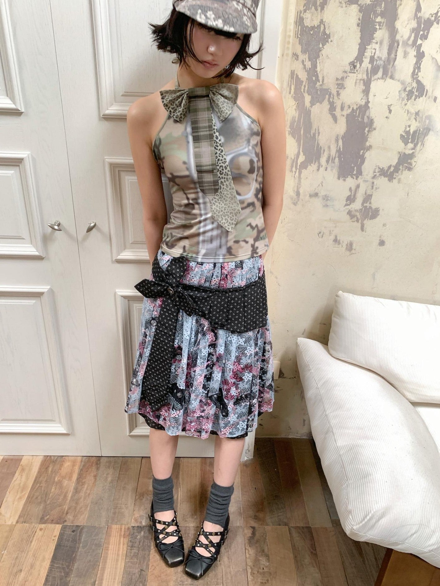 4RE1GN Camouflage Tie Neck Bow Waist Cinched Women's Polyester Spandex Halter Tops