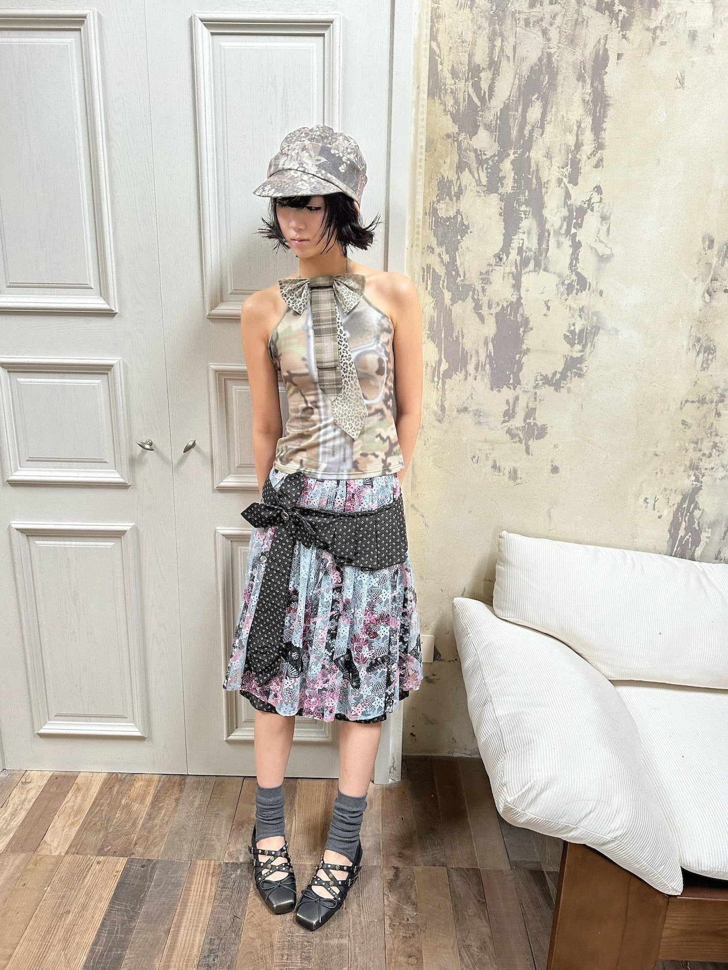 4RE1GN Camouflage Tie Neck Bow Waist Cinched Women's Polyester Spandex Halter Tops