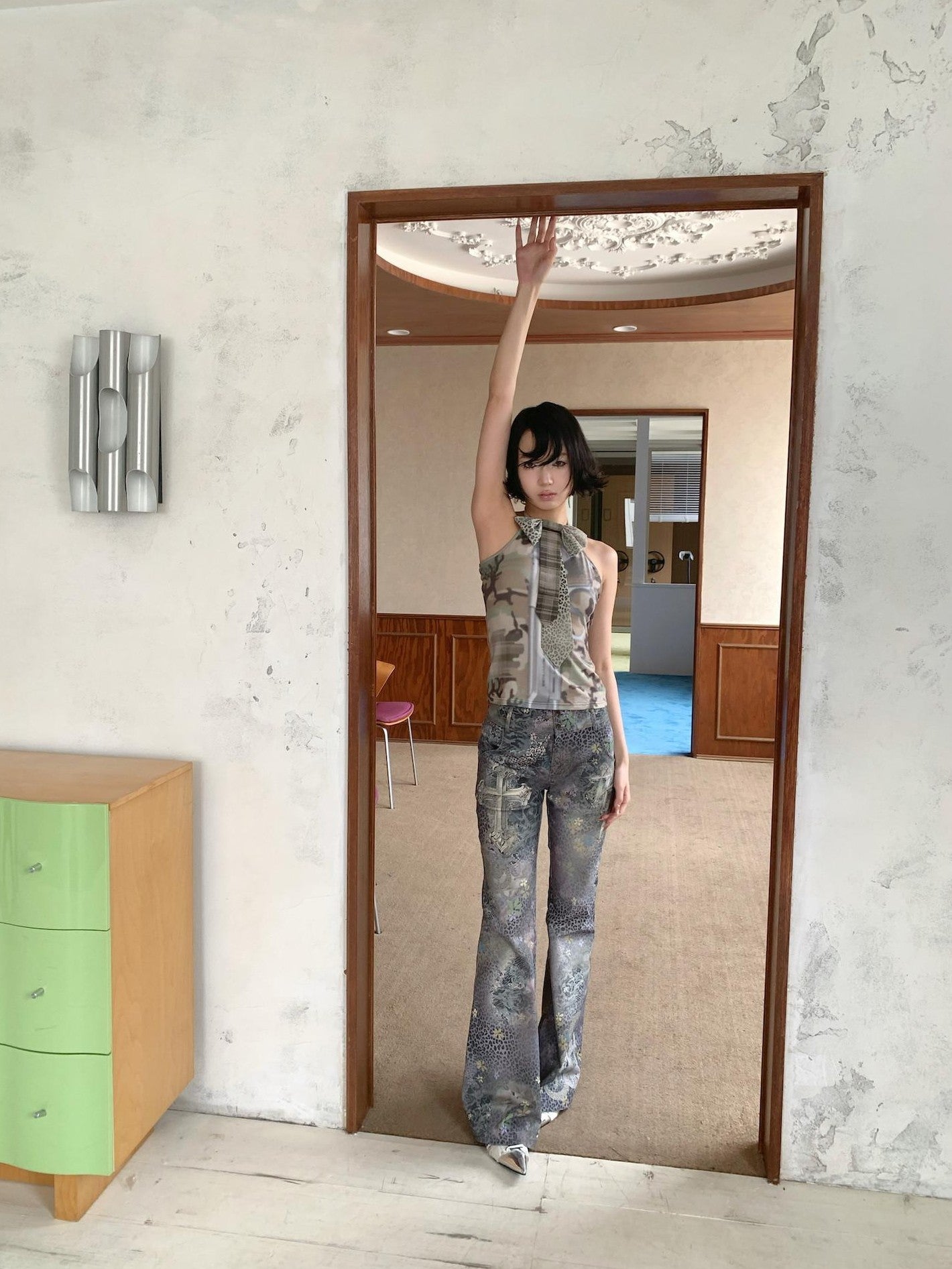 4RE1GN Camouflage Tie Neck Bow Waist Cinched Women's Polyester Spandex Halter Tops