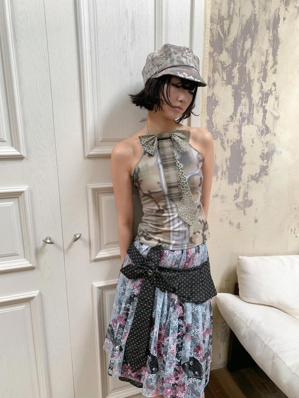 4RE1GN Camouflage Tie Neck Bow Waist Cinched Women's Polyester Spandex Halter Tops