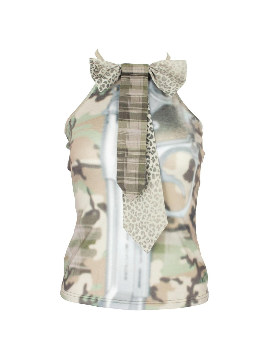 4RE1GN Camouflage Tie Neck Bow Waist Cinched Women's Polyester Spandex Halter Tops
