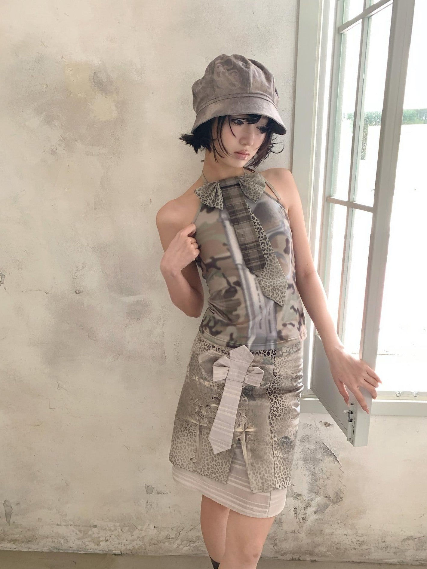 4RE1GN Camouflage Tie Neck Bow Waist Cinched Women's Polyester Spandex Halter Tops