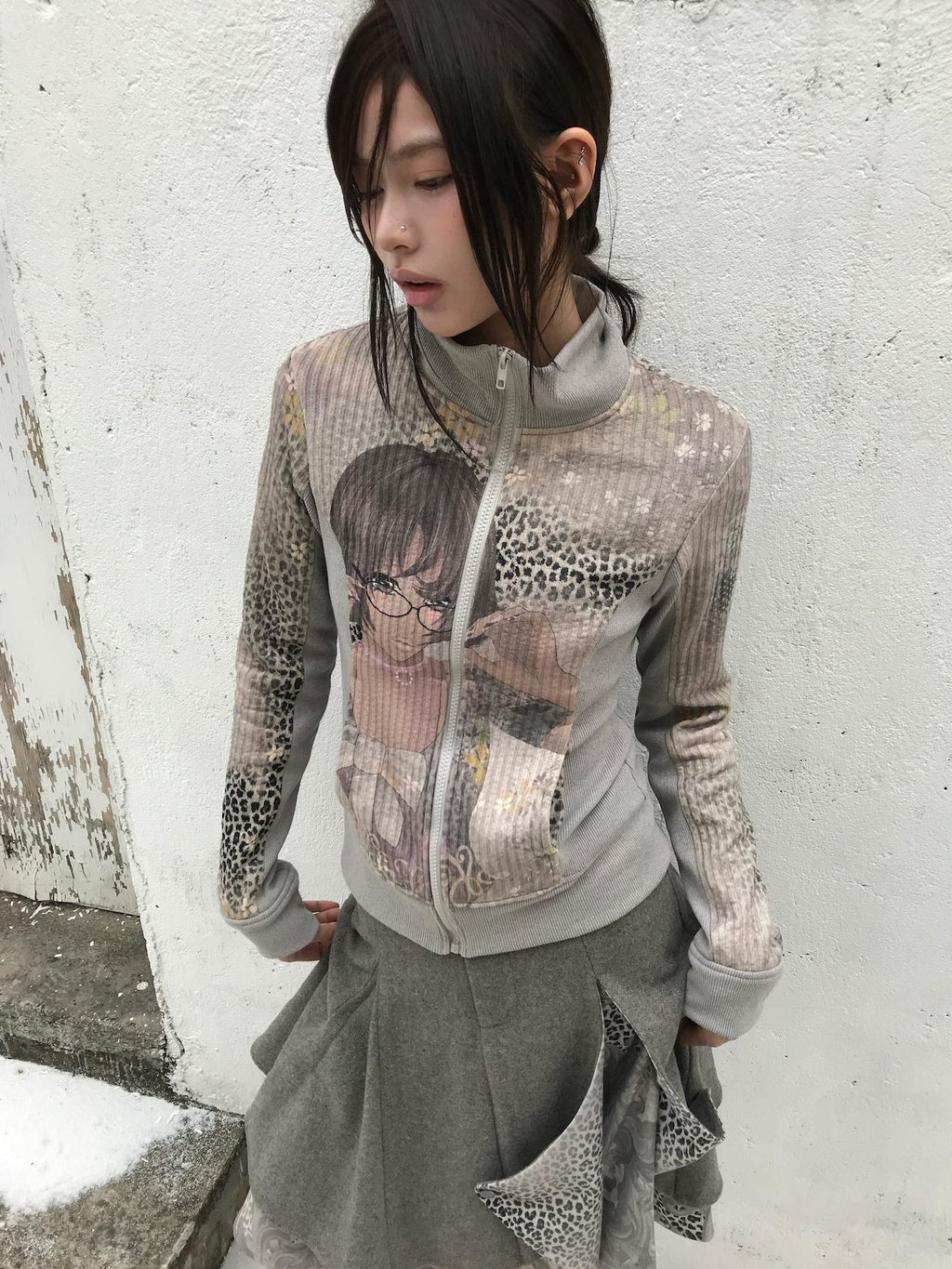 4RE1GN Cartoon Character Print Color Block Women's Cotton Polyester Zip-up Hoodies
