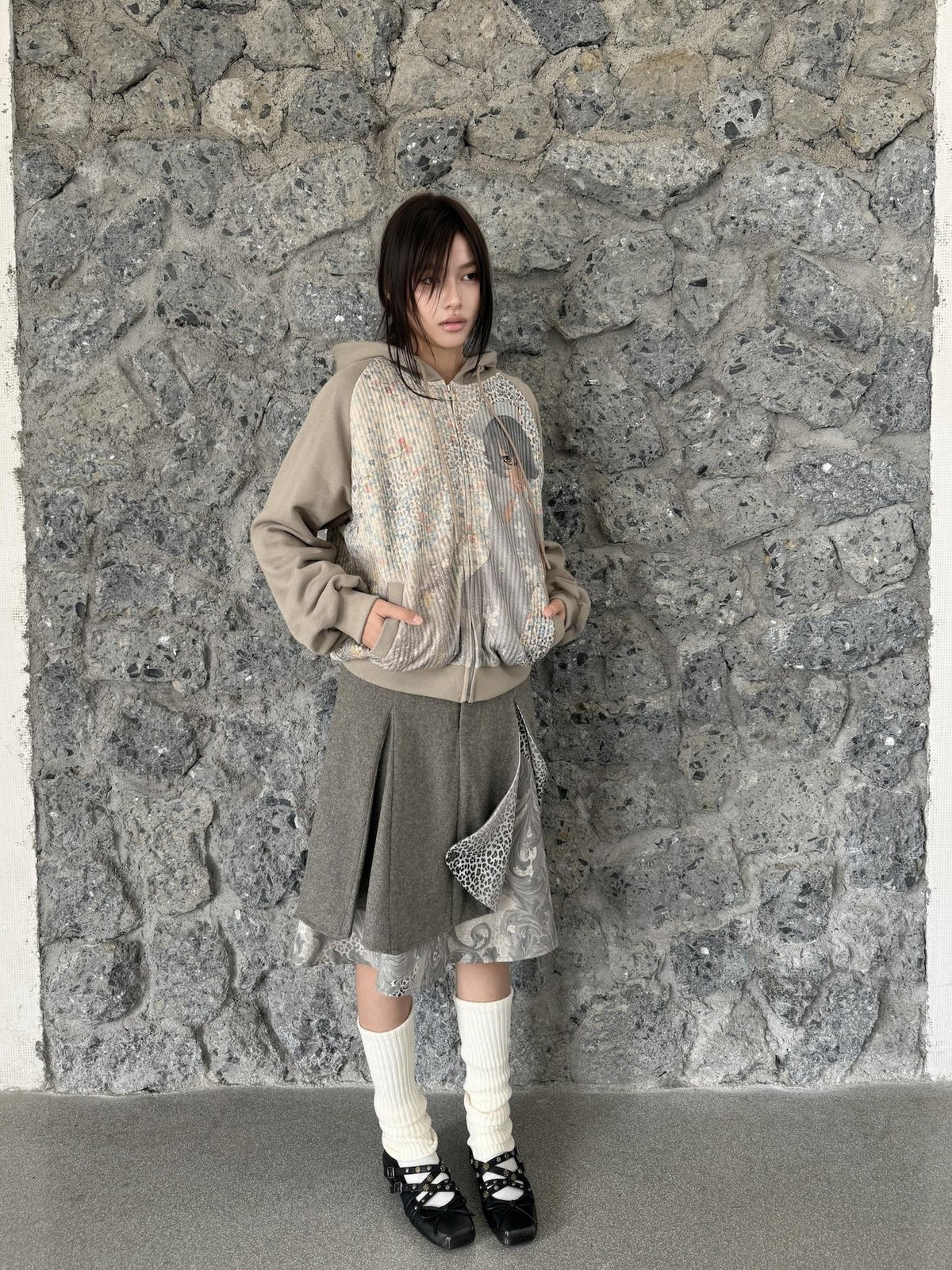 4RE1GN Cartoon Leopard Floral Print Raglan Sleeve Loose Color Block Women's Cotton Zip-up Hoodies