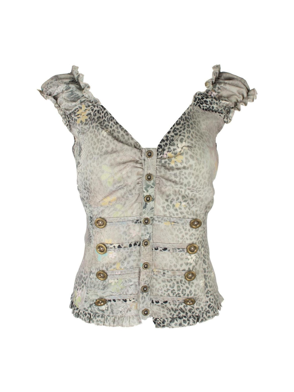 4RE1GN Cloud Gray Leopard Floral Print V-neck Cropped Women's Polyester Tank Tops
