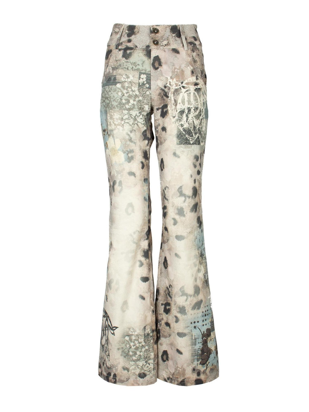 4RE1GN Crinkled Vintage Leopard Floral Print Women's Cotton Flare Pants