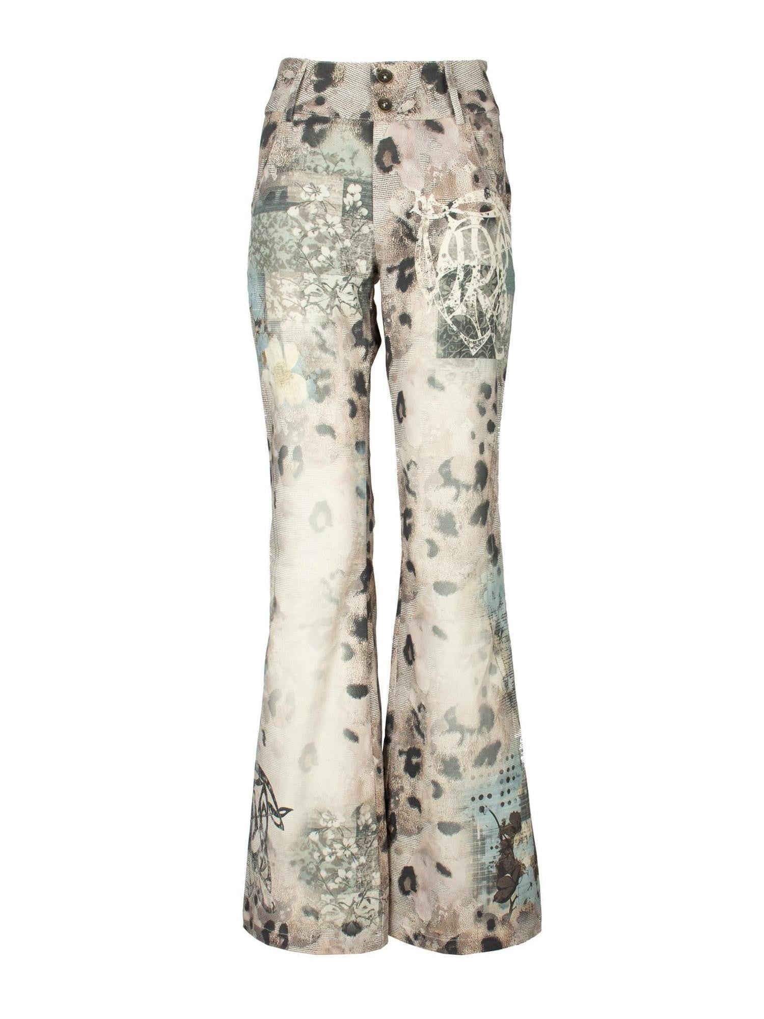 4RE1GN Crinkled Vintage Leopard Floral Print Women's Cotton Flare Pants