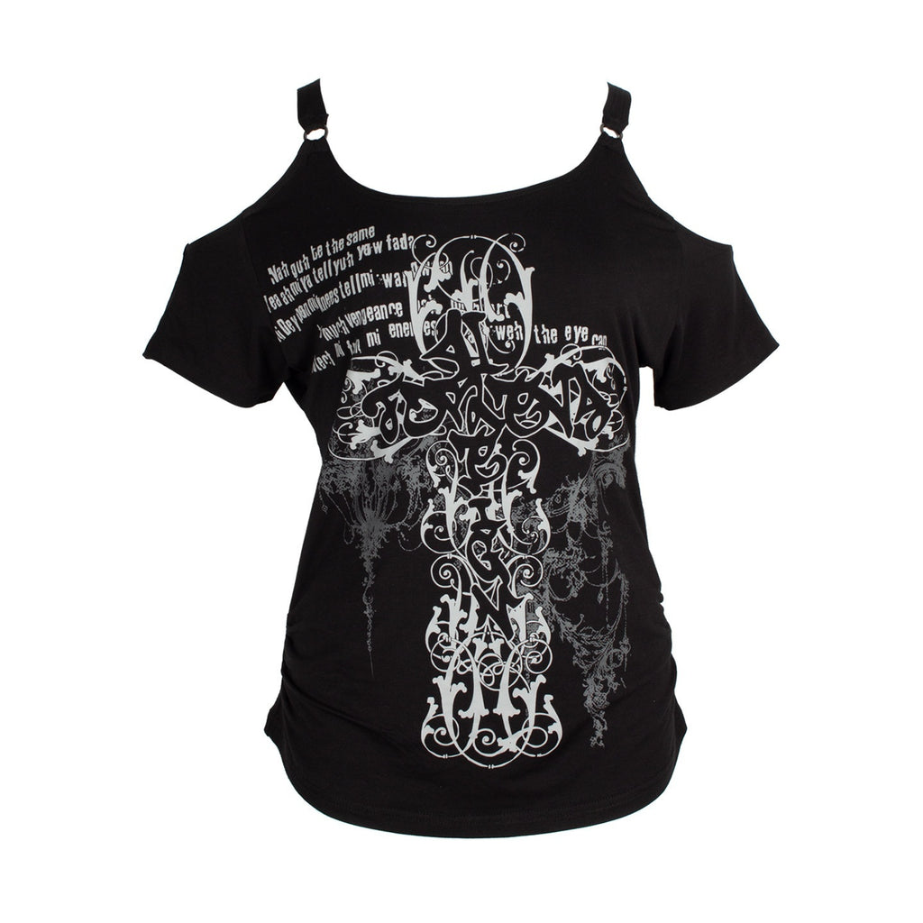 4RE1GN_Cross_Graffiti_Off_Shoulder_Ruched_Women's_Viscose_Short_Sleeve_T-shirts_928234763902_MISSTT