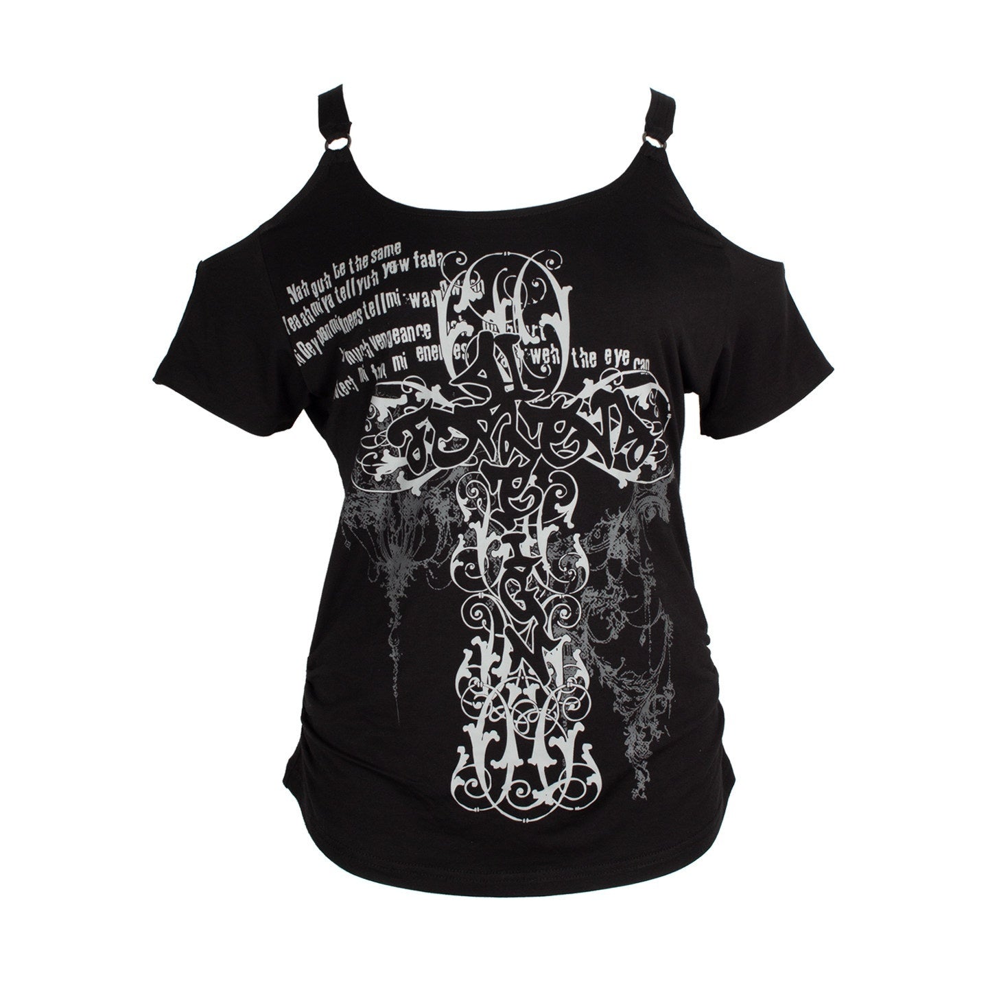 4RE1GN_Cross_Graffiti_Off_Shoulder_Ruched_Women's_Viscose_Short_Sleeve_T-shirts_928234763902_MISSTT