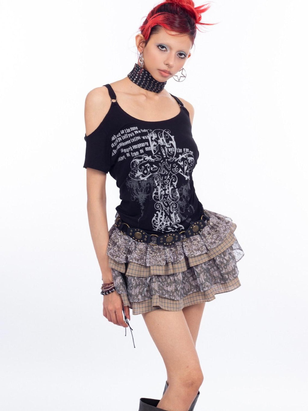 4RE1GN Cross Graffiti Off Shoulder Ruched Women's Viscose Short Sleeve T-shirts