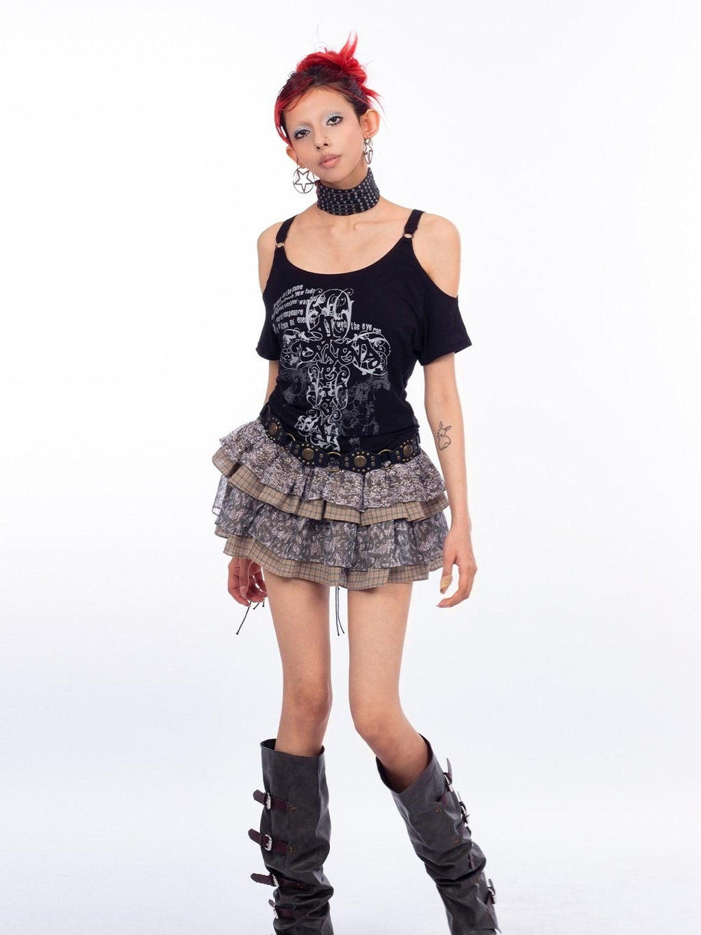 4RE1GN Cross Graffiti Off Shoulder Ruched Women's Viscose Short Sleeve T-shirts