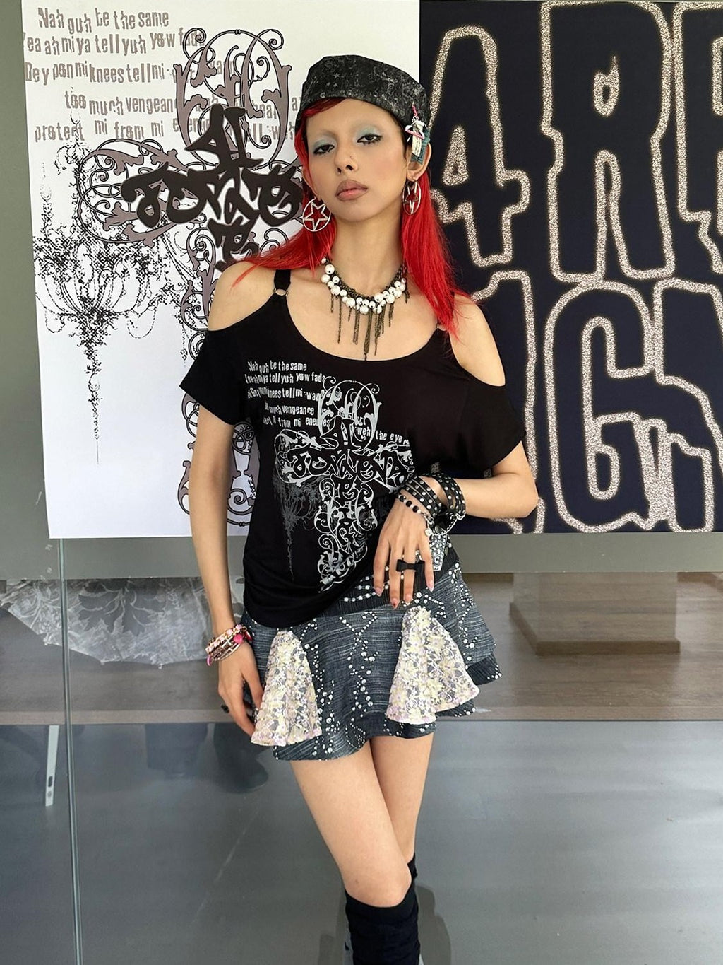 4RE1GN Cross Graffiti Off Shoulder Ruched Women's Viscose Short Sleeve T-shirts