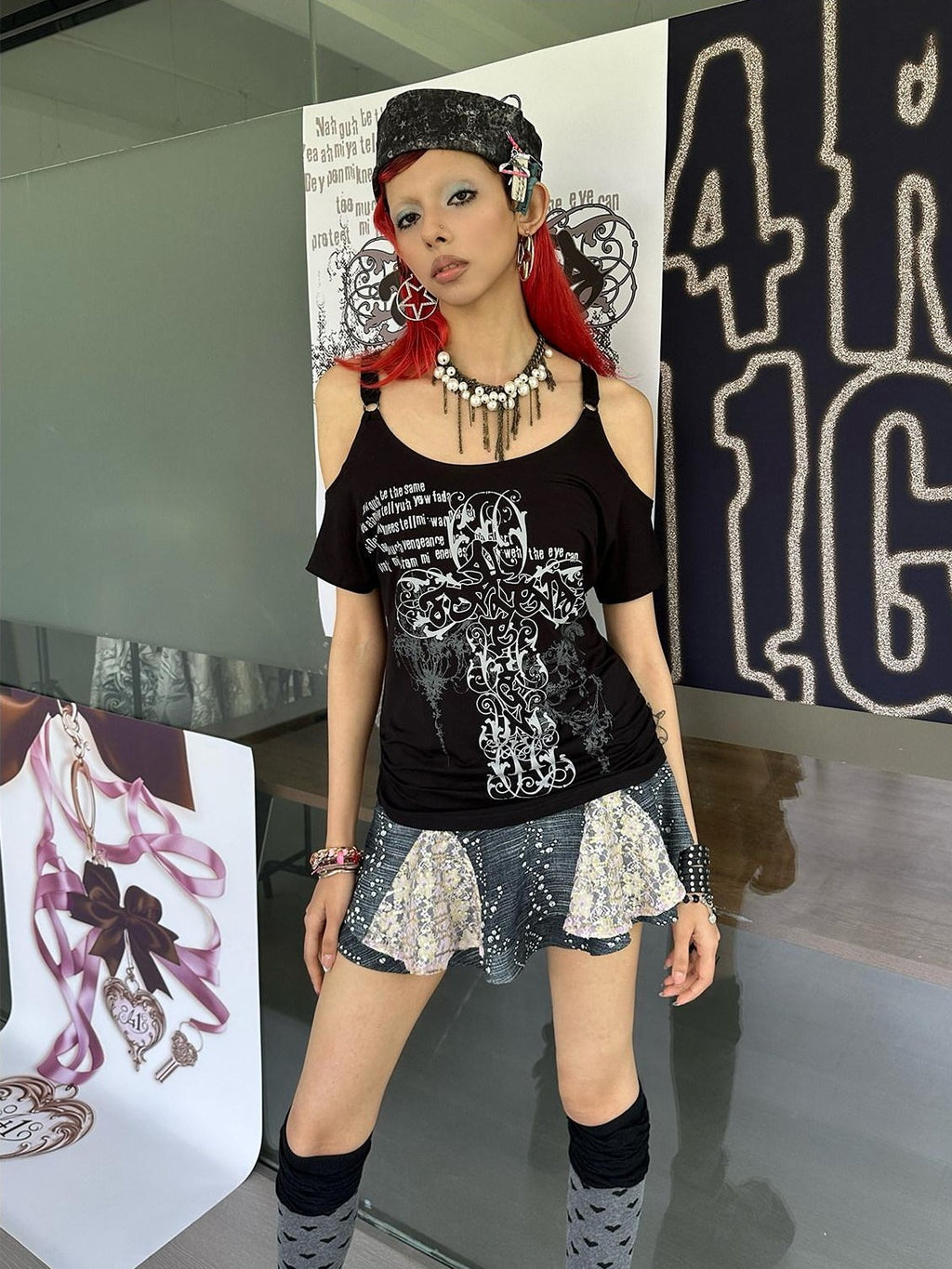 4RE1GN Cross Graffiti Off Shoulder Ruched Women's Viscose Short Sleeve T-shirts