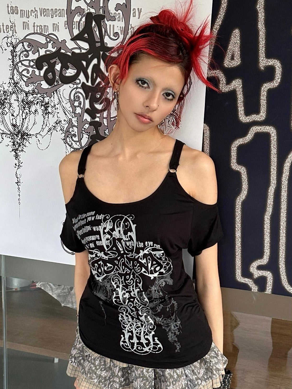 4RE1GN Cross Graffiti Off Shoulder Ruched Women's Viscose Short Sleeve T-shirts