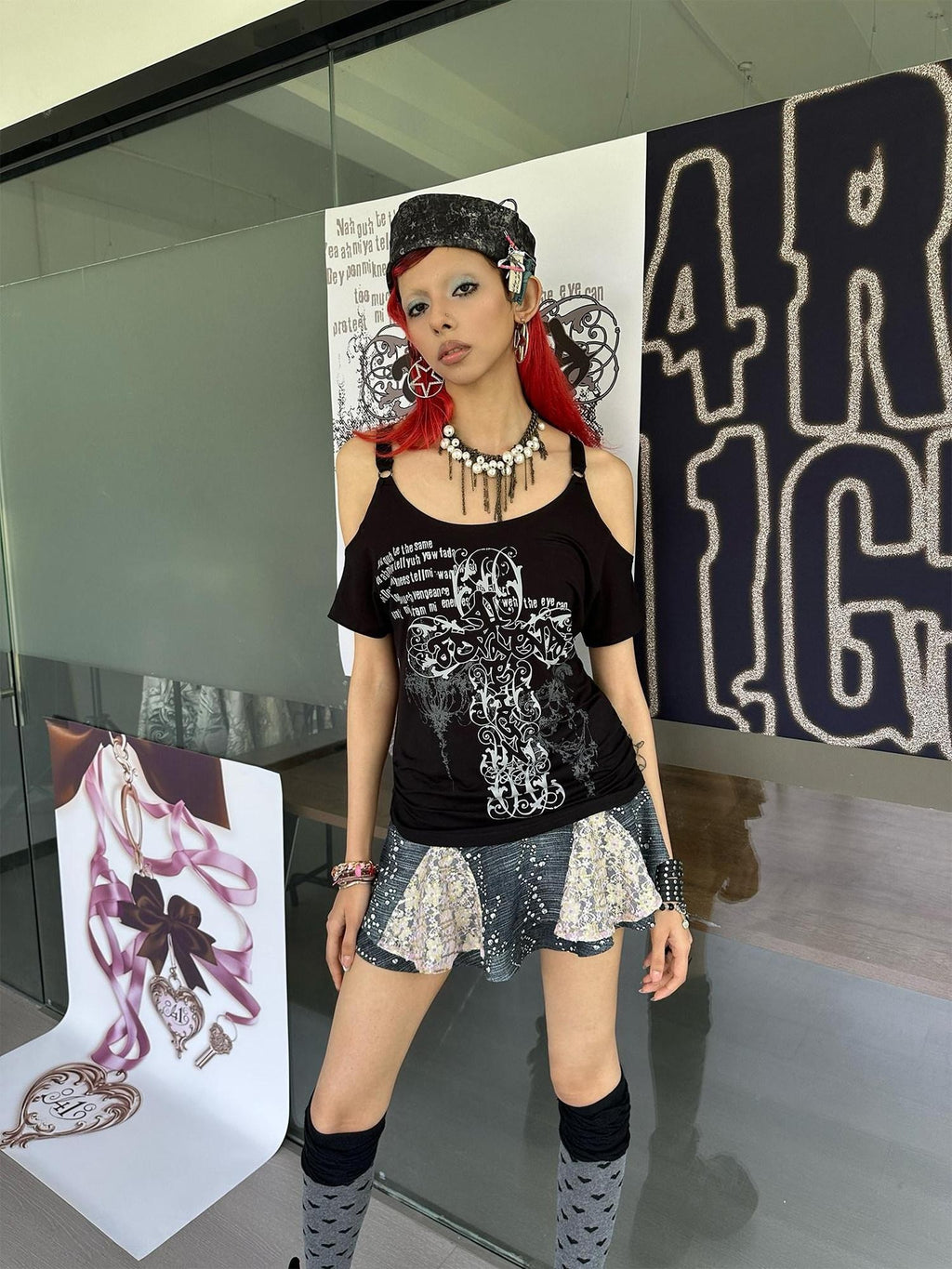 4RE1GN Cross Graffiti Off Shoulder Ruched Women's Viscose Short Sleeve T-shirts
